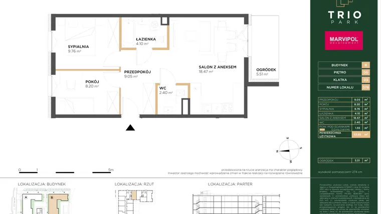 Rzut - Mieszkanie na sprzedaż 3 pokoje o powierzchni 53,53 m² - numer B078 w Trio Park