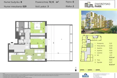 Rzut - Mieszkanie na sprzedaż 3 pokoje o powierzchni 72,13 m² - numer 29 w Dworzysko Park - Etap II