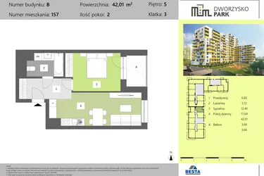 Rzut - Mieszkanie na sprzedaż 2 pokoje o powierzchni 42,01 m² - numer 157 w Dworzysko Park - Etap II