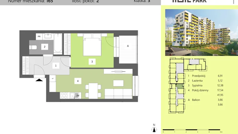 Rzut - Mieszkanie na sprzedaż 2 pokoje o powierzchni 41,95 m² - numer 165 w Dworzysko Park - Etap II