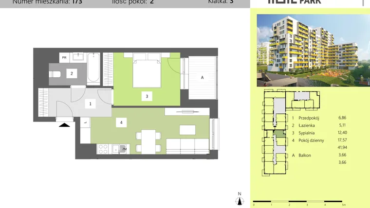 Rzut - Mieszkanie na sprzedaż 2 pokoje o powierzchni 41,94 m² - numer 173 w Dworzysko Park - Etap II