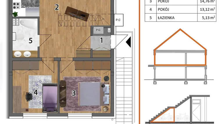 Rzut - Mieszkanie na sprzedaż 4 pokoje o powierzchni 127,9 m² - numer 2P2 w Osiedle Leśnica Las