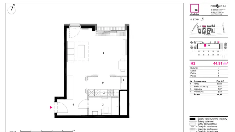 Rzut - Mieszkanie na sprzedaż 1 pokój o powierzchni 44,91 m² - numer H2 w 19. Dzielnica Etap V