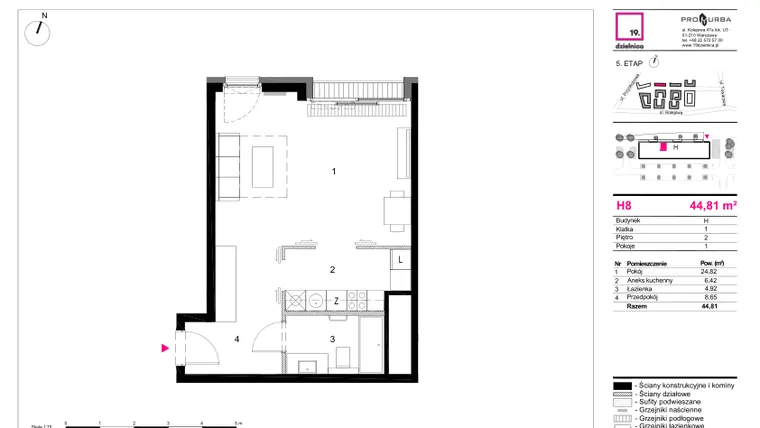 Rzut - Mieszkanie na sprzedaż 1 pokój o powierzchni 44,81 m² - numer H8 w 19. Dzielnica Etap V