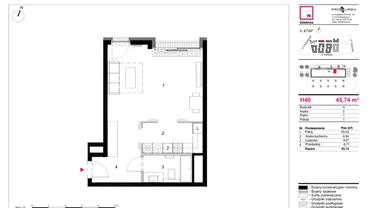 Rzut - Mieszkanie na sprzedaż 1 pokój o powierzchni 45,74 m² - numer H40 w 19. Dzielnica Etap V
