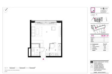 Rzut - Mieszkanie na sprzedaż 1 pokój o powierzchni 38,88 m² - numer J12 w 19. Dzielnica Etap V