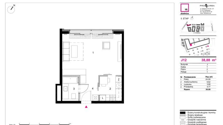 Rzut - Mieszkanie na sprzedaż 1 pokój o powierzchni 38,88 m² - numer J12 w 19. Dzielnica Etap V