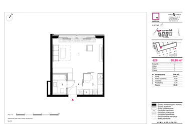 Rzut - Mieszkanie na sprzedaż 1 pokój o powierzchni 38,86 m² - numer J26 w 19. Dzielnica Etap V