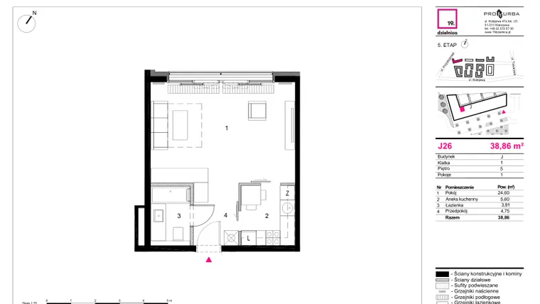 Rzut - Mieszkanie na sprzedaż 1 pokój o powierzchni 38,86 m² - numer J26 w 19. Dzielnica Etap V