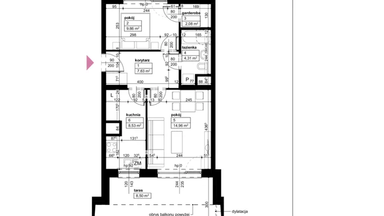 Rzut - Mieszkanie na sprzedaż 2 pokoje o powierzchni 47,37 m² - numer D2/1/4/13 w Malta Wołkowyska etap III