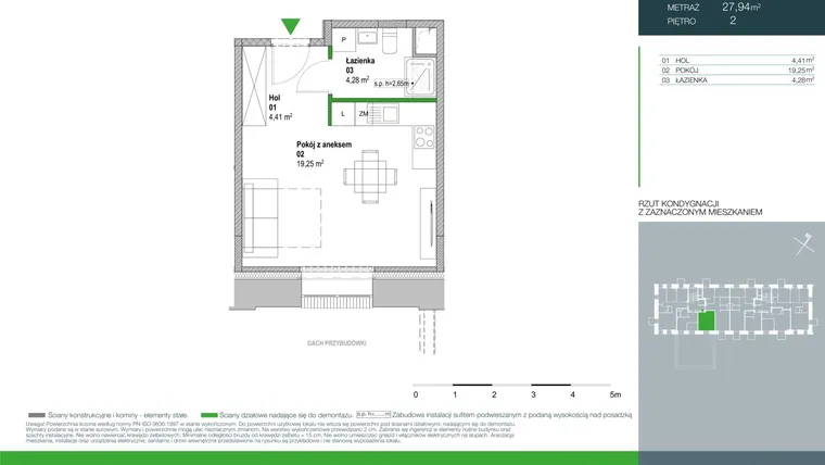 Rzut - Mieszkanie na sprzedaż 1 pokój o powierzchni 27,94 m² - numer E.2.2.02 w Aroma Park Lofty
