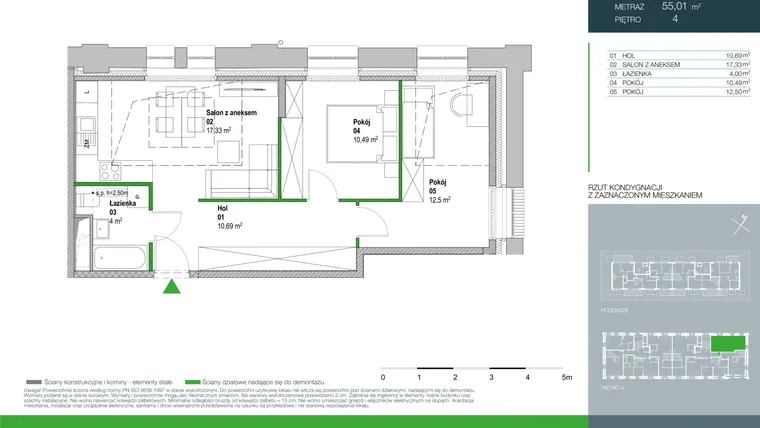 Rzut - Mieszkanie na sprzedaż 3 pokoje o powierzchni 55,01 m² - numer E.1.4.01 w Aroma Park Lofty