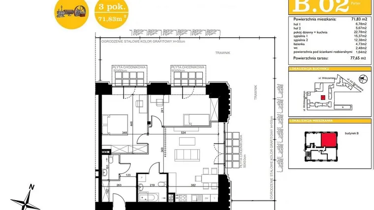 Rzut - Mieszkanie na sprzedaż 3 pokoje o powierzchni 71,83 m² - numer B.2 w ART MODERN etap III - Modern Loft