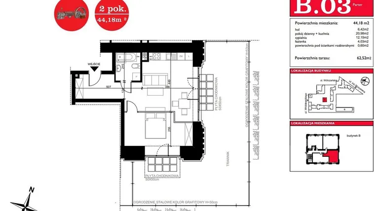 Rzut - Mieszkanie na sprzedaż 2 pokoje o powierzchni 44,18 m² - numer B.3 w ART MODERN etap III - Modern Loft