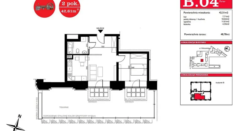 Rzut - Mieszkanie na sprzedaż 2 pokoje o powierzchni 42,51 m² - numer B.4 w ART MODERN etap III - Modern Loft