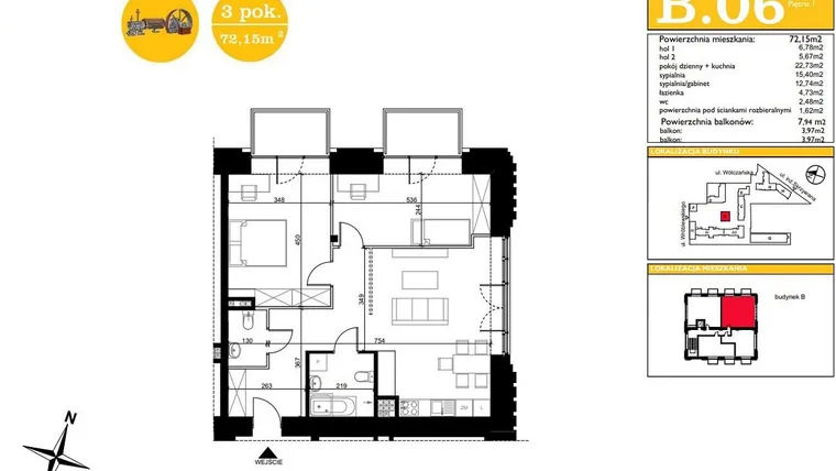 Rzut - Mieszkanie na sprzedaż 3 pokoje o powierzchni 72,15 m² - numer B.6 w ART MODERN etap III - Modern Loft