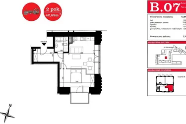 Rzut - Mieszkanie na sprzedaż 2 pokoje o powierzchni 42,89 m² - numer B.7 w ART MODERN etap III - Modern Loft