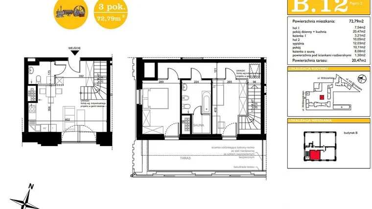 Rzut - Mieszkanie na sprzedaż 3 pokoje o powierzchni 72,79 m² - numer B.12 w ART MODERN etap III - Modern Loft