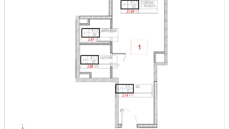 Rzut - Mieszkanie na sprzedaż 1 pokój o powierzchni 30,98 m² - numer A1.1 w Rezydencja Ogród Saski etap I i II