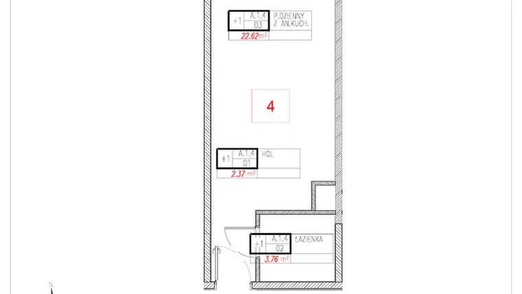 Rzut - Mieszkanie na sprzedaż 1 pokój o powierzchni 28,75 m² - numer A1.4 w Rezydencja Ogród Saski etap I i II