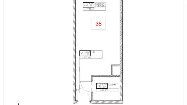 Rzut - Mieszkanie na sprzedaż 1 pokój o powierzchni 28,91 m² - numer A3.4 w Rezydencja Ogród Saski etap I i II