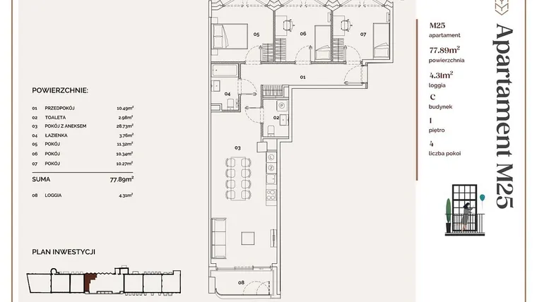 Rzut - Mieszkanie na sprzedaż 4 pokoje o powierzchni 77,89 m² - numer C.25 w Młyny Mogilska