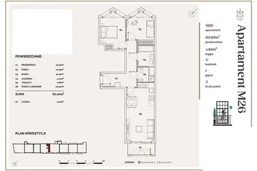 Rzut - Mieszkanie na sprzedaż 3 pokoje o powierzchni 60,1 m² - numer C.26 w Młyny Mogilska