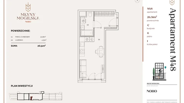 Rzut - Mieszkanie na sprzedaż 1 pokój o powierzchni 26,51 m² - numer C.48 w Młyny Mogilska