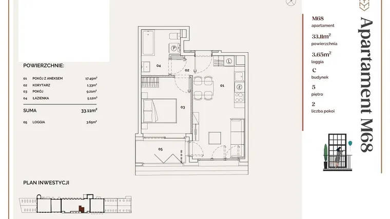 Rzut - Mieszkanie na sprzedaż 2 pokoje o powierzchni 33,11 m² - numer C.68 w Młyny Mogilska