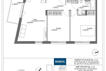 Rzut - Mieszkanie na sprzedaż 3 pokoje o powierzchni 63,39 m² - numer RM/1A/A/3/7 w Rytm Mokotowa - etap 1A