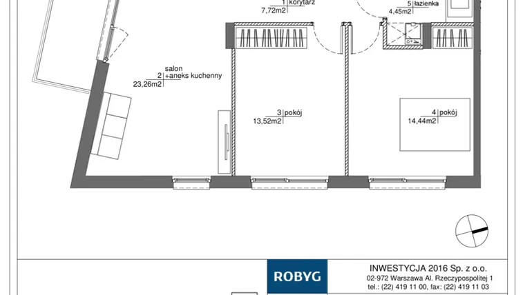 Rzut - Mieszkanie na sprzedaż 3 pokoje o powierzchni 63,39 m² - numer RM/1A/A/3/7 w Rytm Mokotowa - etap 1A