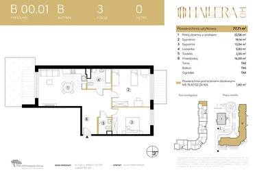 Rzut - Mieszkanie na sprzedaż 3 pokoje o powierzchni 77,66 m² - numer B.00.01 w Hallera 140