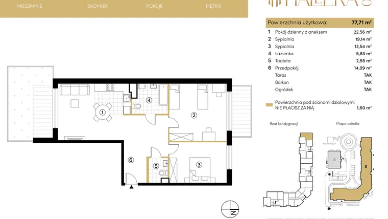 Rzut - Mieszkanie na sprzedaż 3 pokoje o powierzchni 77,66 m² - numer B.00.01 w Hallera 140