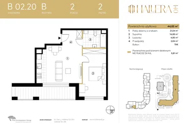 Rzut - Mieszkanie na sprzedaż 2 pokoje o powierzchni 44,68 m² - numer B.02.20 w Hallera 140