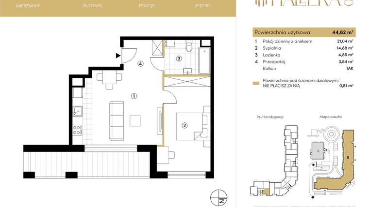 Rzut - Mieszkanie na sprzedaż 2 pokoje o powierzchni 44,68 m² - numer B.02.20 w Hallera 140