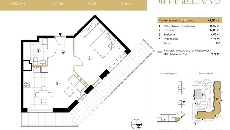 Rzut - Mieszkanie na sprzedaż 2 pokoje o powierzchni 41,02 m² - numer B.05.19 w Hallera 140