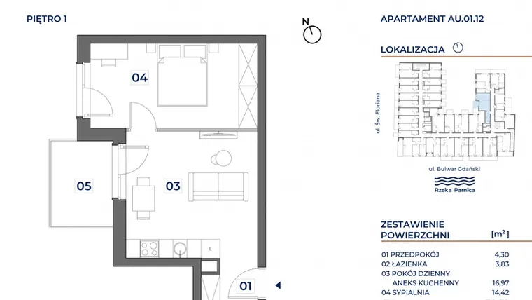Rzut - Mieszkanie na sprzedaż 2 pokoje o powierzchni 39,54 m² - numer AU.01.12 w Grand Bulwar