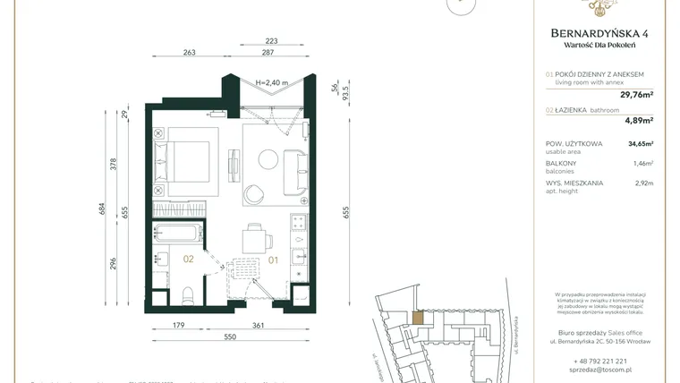 Rzut - Mieszkanie na sprzedaż 1 pokój o powierzchni 34,65 m² - numer A/4/02 w Bernardyńska 4