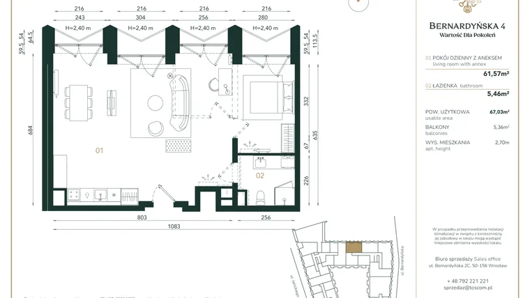 Rzut - Mieszkanie na sprzedaż 1 pokój o powierzchni 67,03 m² - numer B/3/06 w Bernardyńska 4