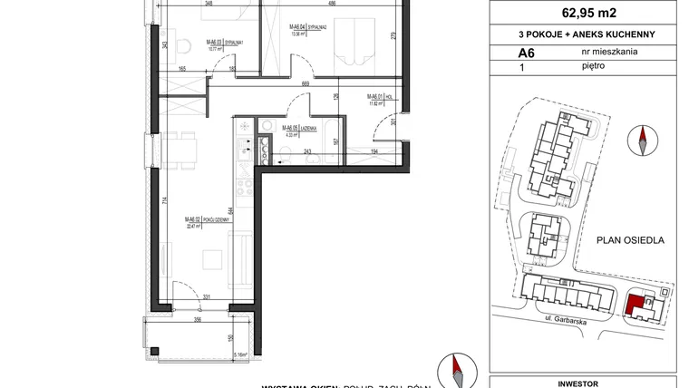 Rzut - Mieszkanie na sprzedaż 3 pokoje o powierzchni 62,95 m² - numer A.6 w Garbarska Urban Koncept
