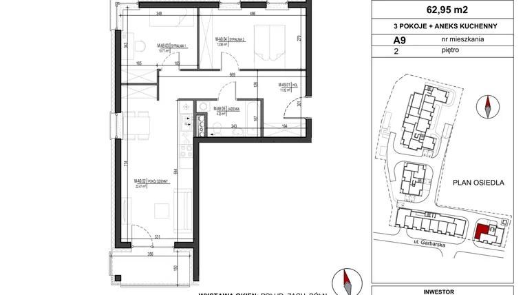 Rzut - Mieszkanie na sprzedaż 3 pokoje o powierzchni 62,95 m² - numer A.9 w Garbarska Urban Koncept