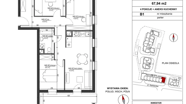 Rzut - Mieszkanie na sprzedaż 4 pokoje o powierzchni 67,94 m² - numer B.1 w Garbarska Urban Koncept