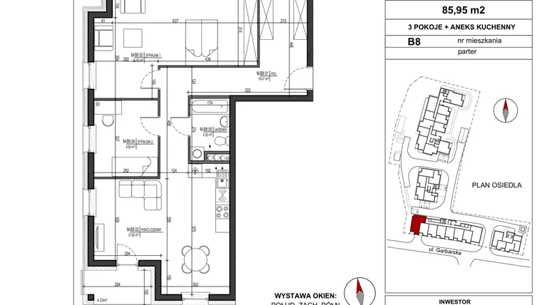 Rzut - Mieszkanie na sprzedaż 3 pokoje o powierzchni 85,95 m² - numer B.8 w Garbarska Urban Koncept