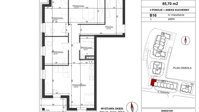 Rzut - Mieszkanie na sprzedaż 4 pokoje o powierzchni 85,7 m² - numer B.16 w Garbarska Urban Koncept