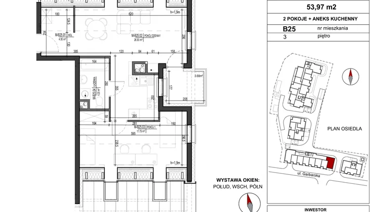 Rzut - Mieszkanie na sprzedaż 2 pokoje o powierzchni 53,97 m² - numer B.25 w Garbarska Urban Koncept