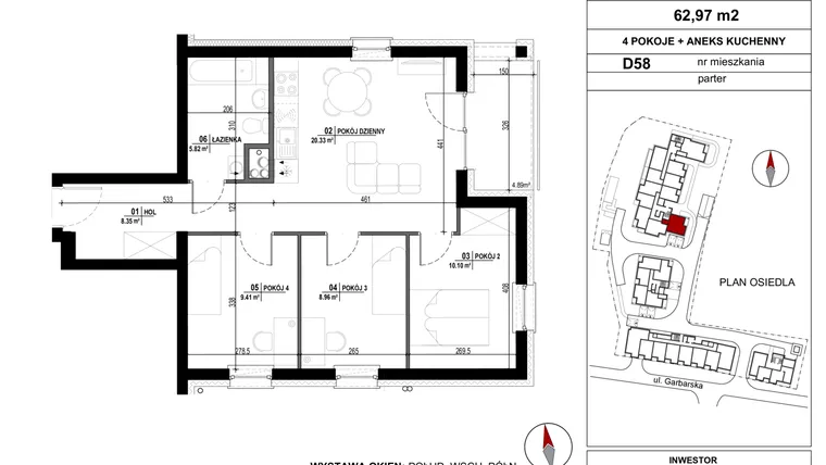 Rzut - Mieszkanie na sprzedaż 4 pokoje o powierzchni 62,97 m² - numer D.58 w Garbarska Urban Koncept