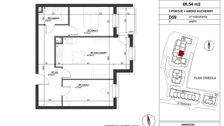Rzut - Mieszkanie na sprzedaż 3 pokoje o powierzchni 66,54 m² - numer D.59 w Garbarska Urban Koncept