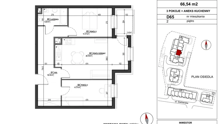 Rzut - Mieszkanie na sprzedaż 3 pokoje o powierzchni 66,54 m² - numer D.65 w Garbarska Urban Koncept