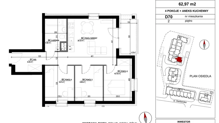 Rzut - Mieszkanie na sprzedaż 4 pokoje o powierzchni 62,97 m² - numer D.70 w Garbarska Urban Koncept
