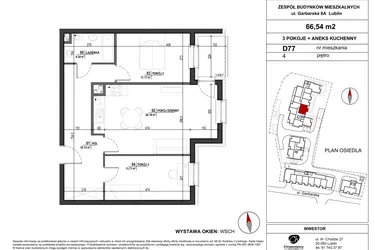 Rzut - Mieszkanie na sprzedaż 3 pokoje o powierzchni 66,54 m² - numer D.77 w Garbarska Urban Koncept